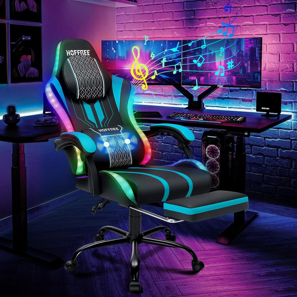 Massage - Gaming-Stuhl mit LED-Beleuchtung, Lautsprechern und Massagefunktion,